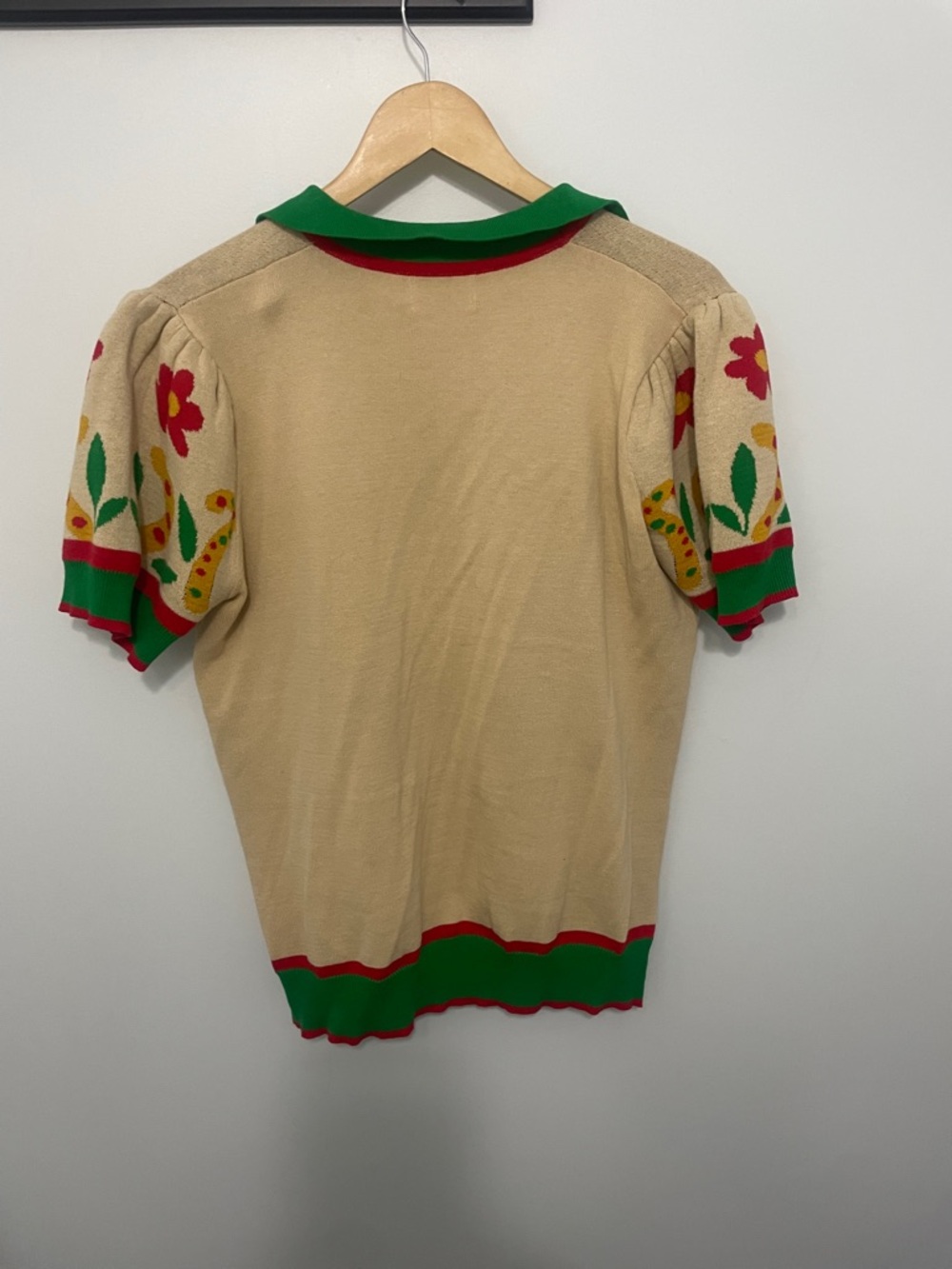 Knit Polo Sweater shirt with Yellow Leopard and Cherry Motif - Picture 5 of 5